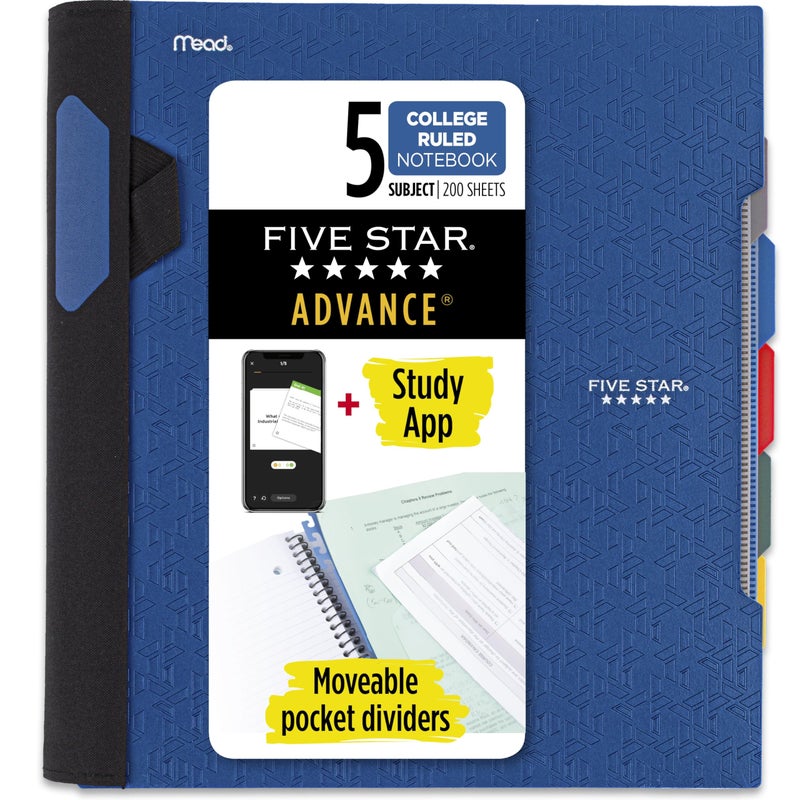 Five Star Advance Spiral Notebook + Study App, 5 Subject, College Ruled Paper, 8-1/2" x 11", 200 Sheets, Spiral Guard, Movable Tabbed Dividers, Pacific Blue (73150) - Image 1